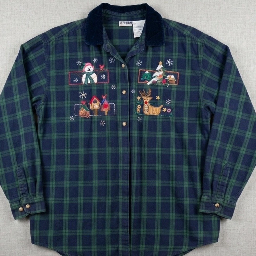 vtg embroidered christmas shirt 2x plaid snowman tree reindeer Flannel Corduroy